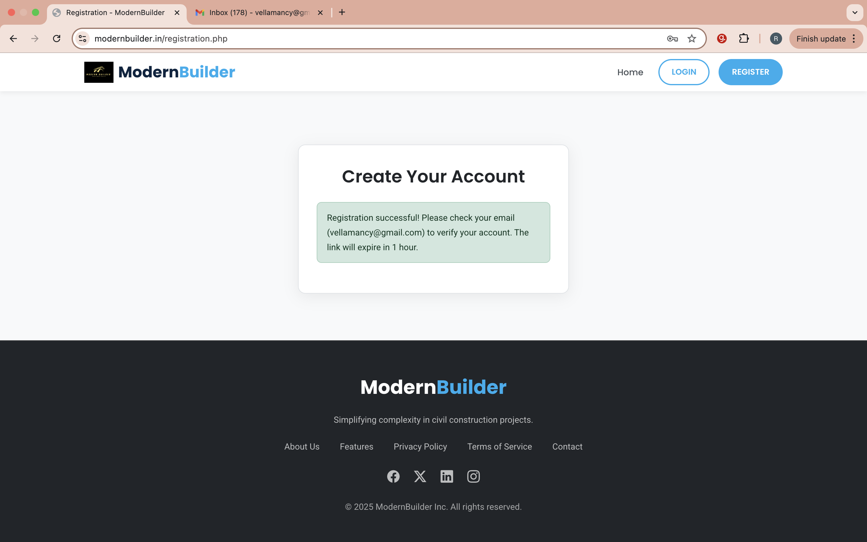 Notification that a verification email has been sent